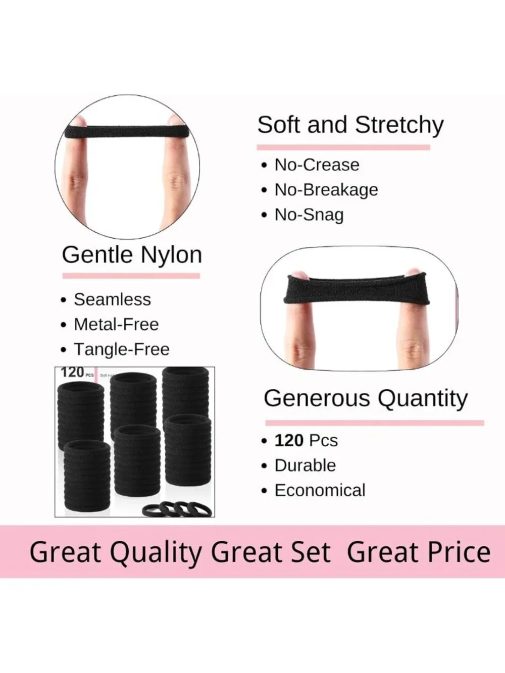 120PCS No Damage Black Hair Ties – Seamless Elastic Ponytail Holders for Thick